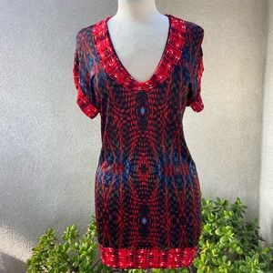 Custo Line tunic top or mini dress red blue geometric print Sz Small